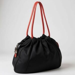 MOSCHINO Vintage 90s Nylon Leather Shoulder Bag Hobo Zipper Pocket Red Logo Tote